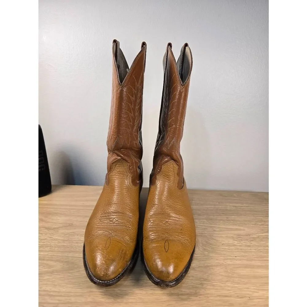 Vintage 70s Nocona Cowboy Boots Cognac Brown Leather Western Stitching Mens 10 D